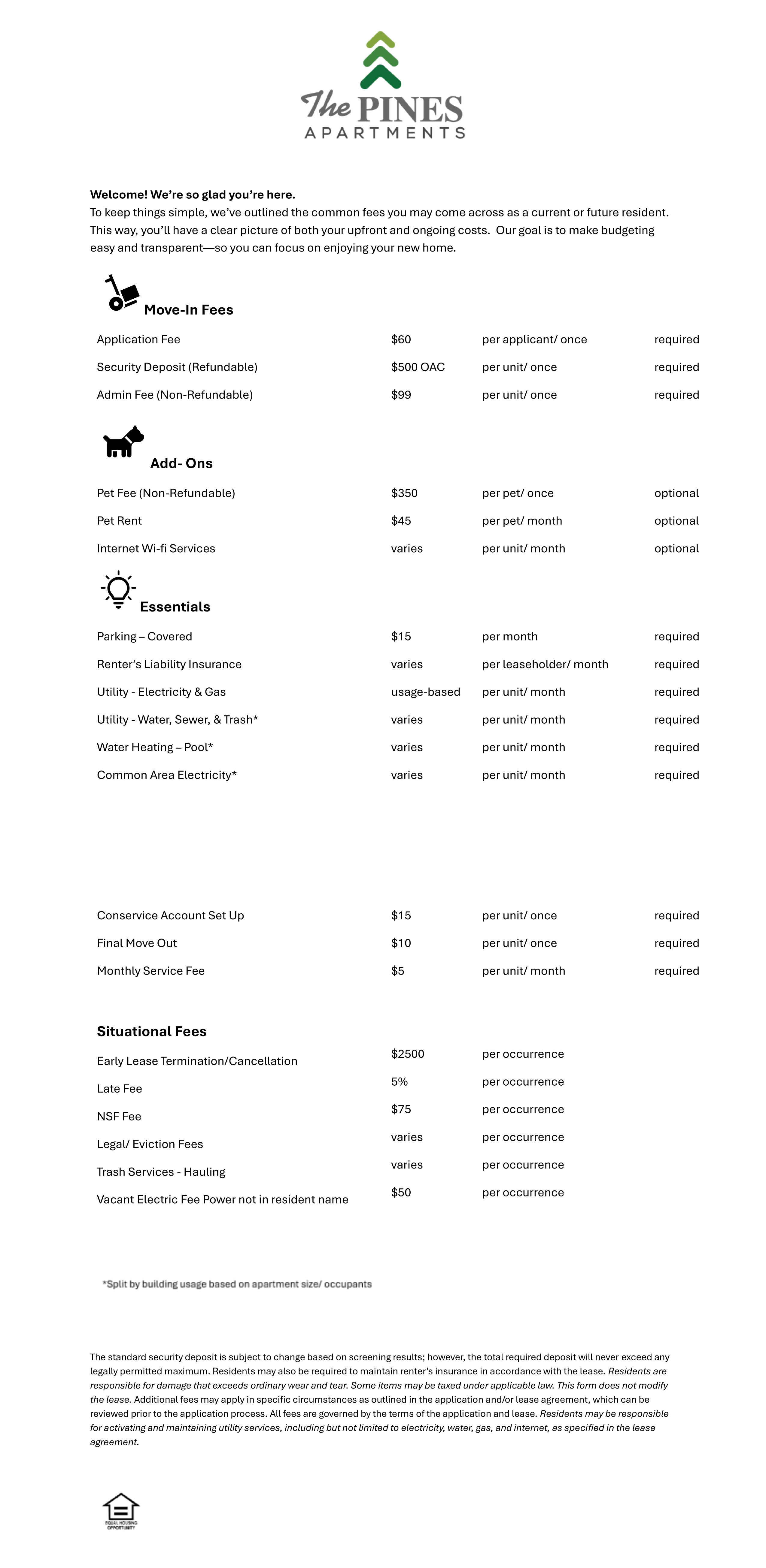 The Pines Fee Guide